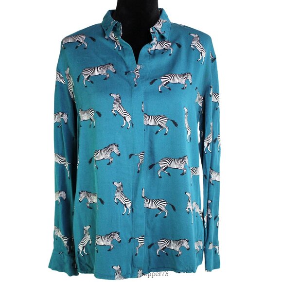 Modcloth Tops - Sugarhill Brighton ModCloth Women's Teal Zebra Button Down Long Sleeve Blouse